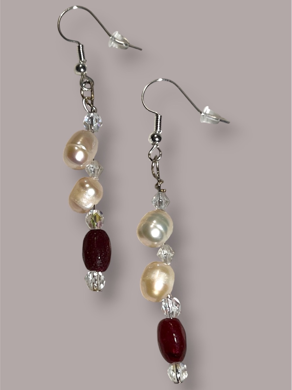 Handmade Pearl, Garnet, Vintage AB Crystal Dangle Earrings